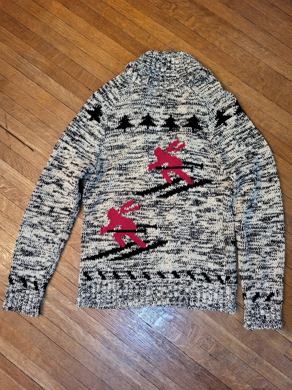 Lauren Ralph Lauren Black & White Marled Zip Cardigan with Red Ski Motif - Picture 3 of 3